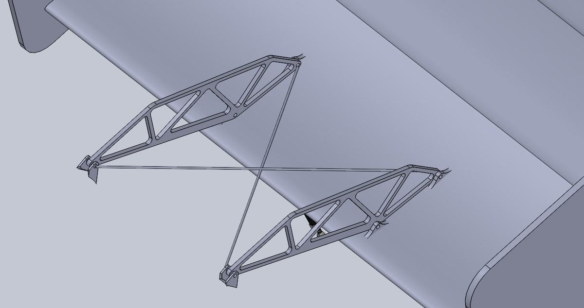 CAD of the rear wing showing swan neck and tension cables