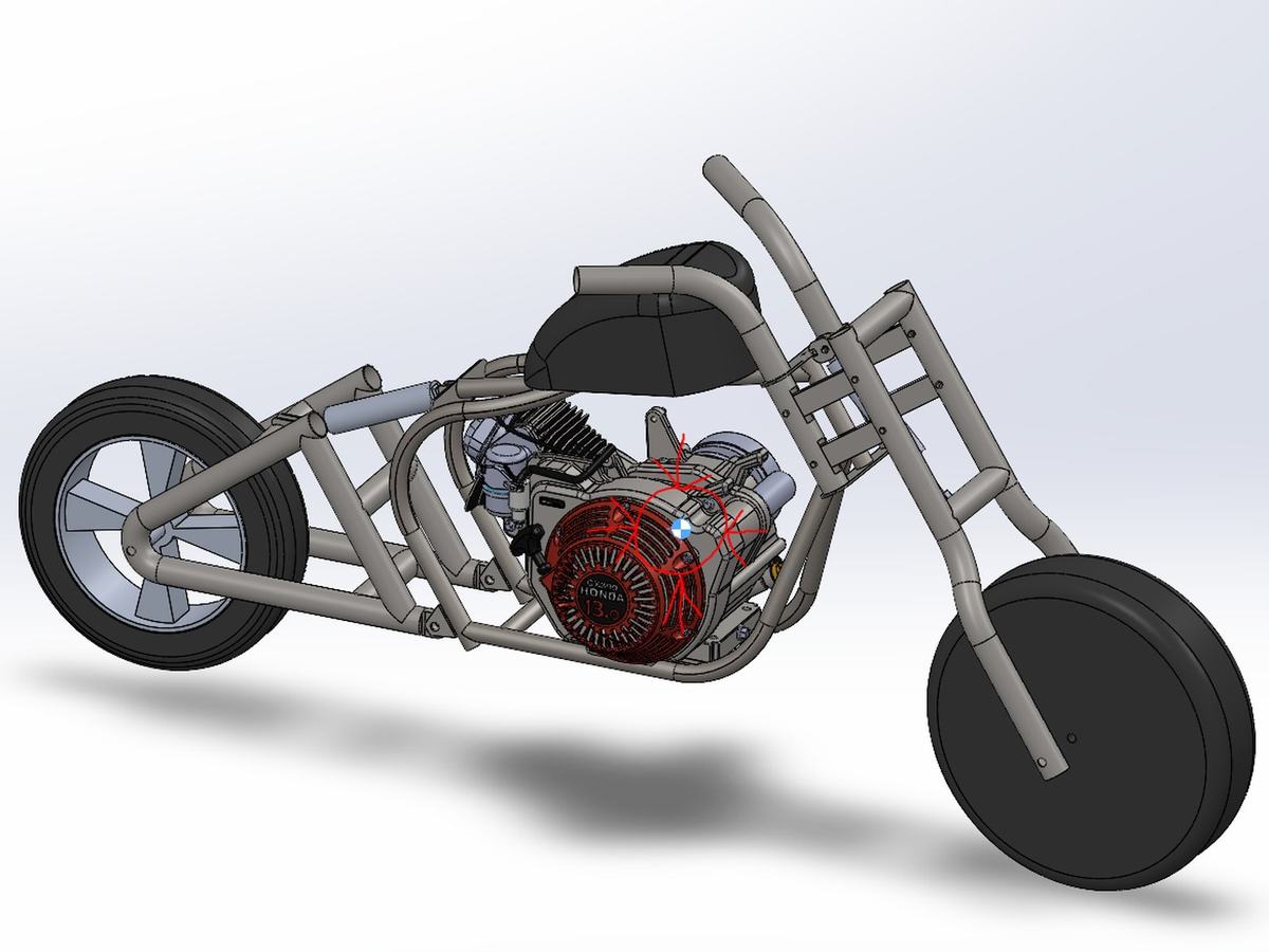 Full minibike CAD assembly with the calculated center of mass marked