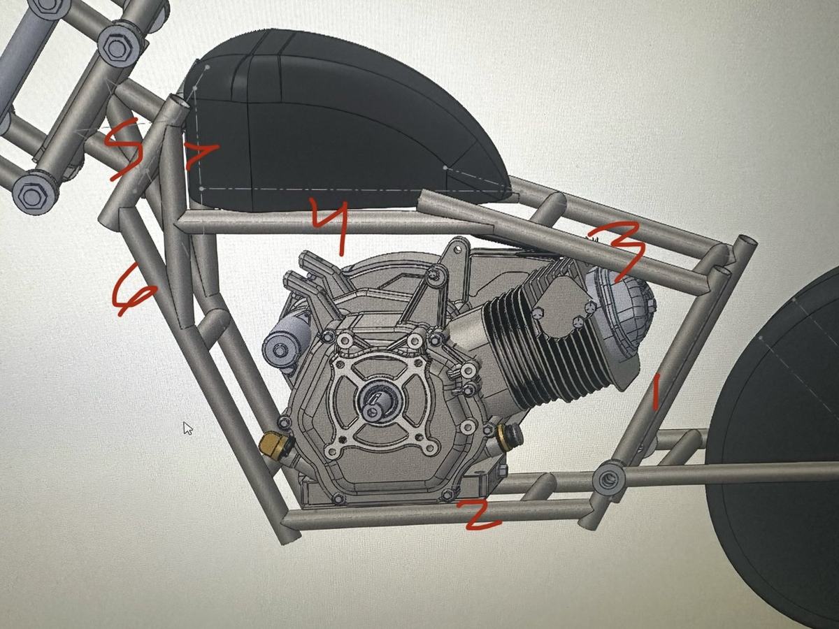 CAD side view of the first frame version built entirely from notched joints, with tubes numbered