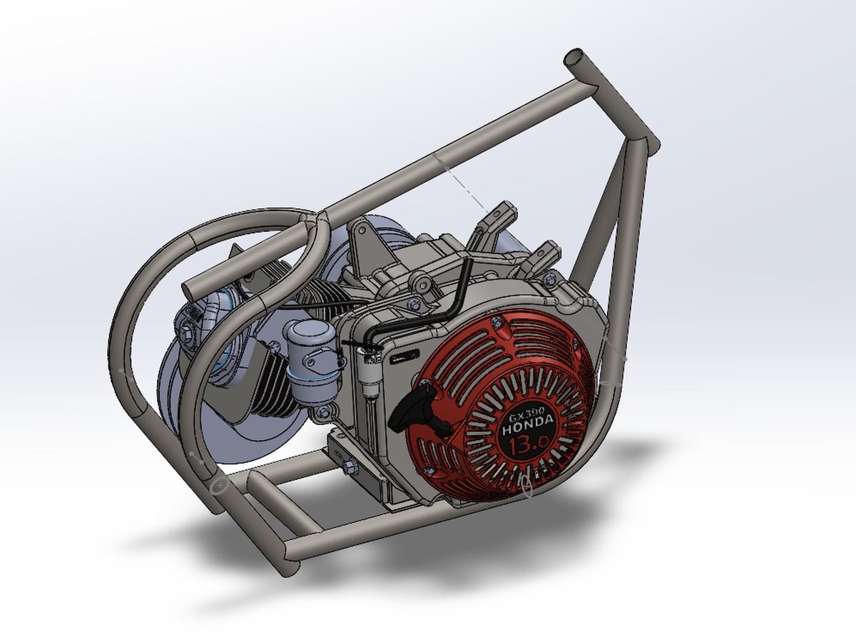 CAD render of the revised minibike frame in bent tube around the Honda GX390 engine