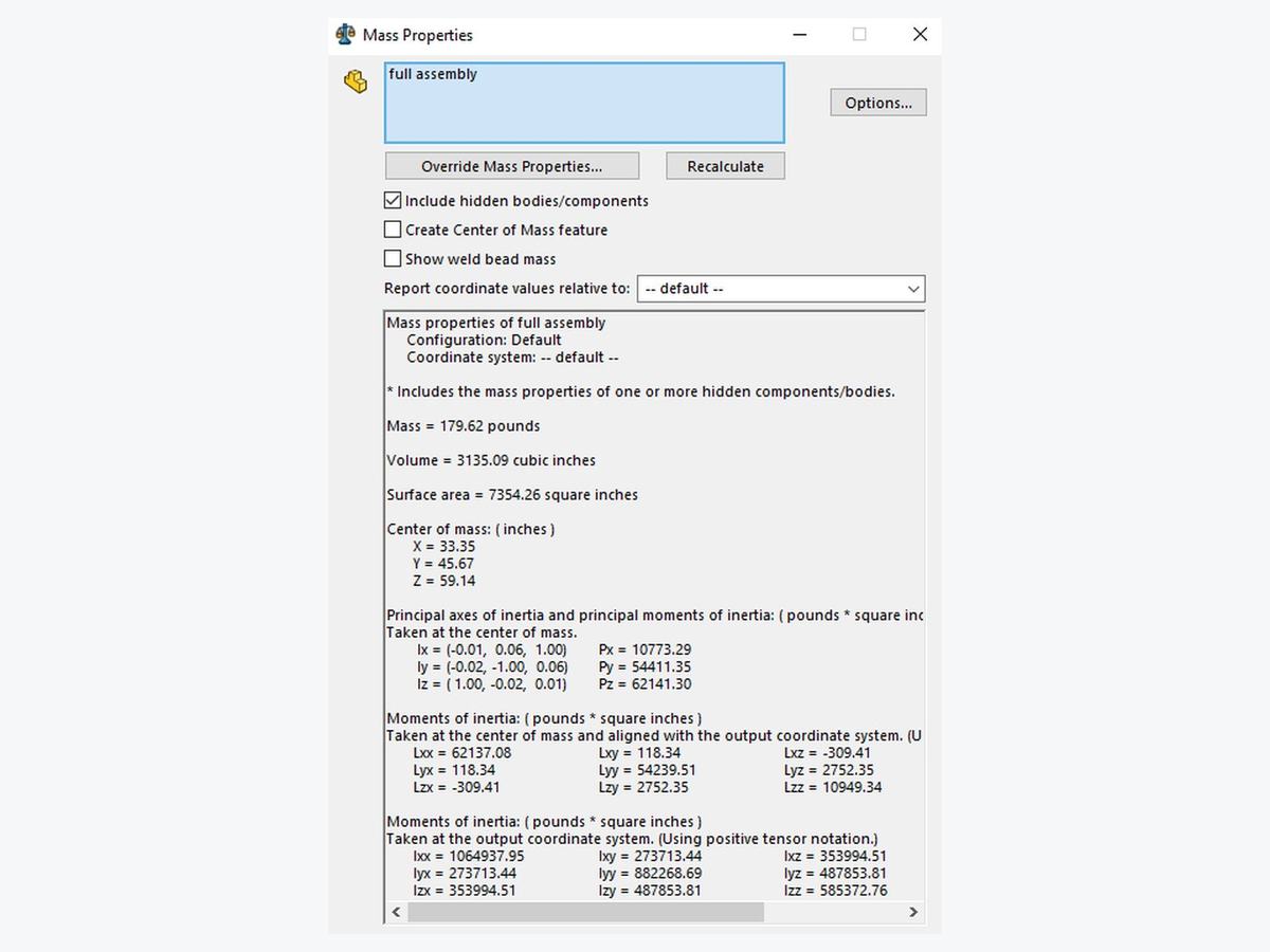 SolidWorks mass properties output showing 179.62 pounds and the center of mass coordinates
