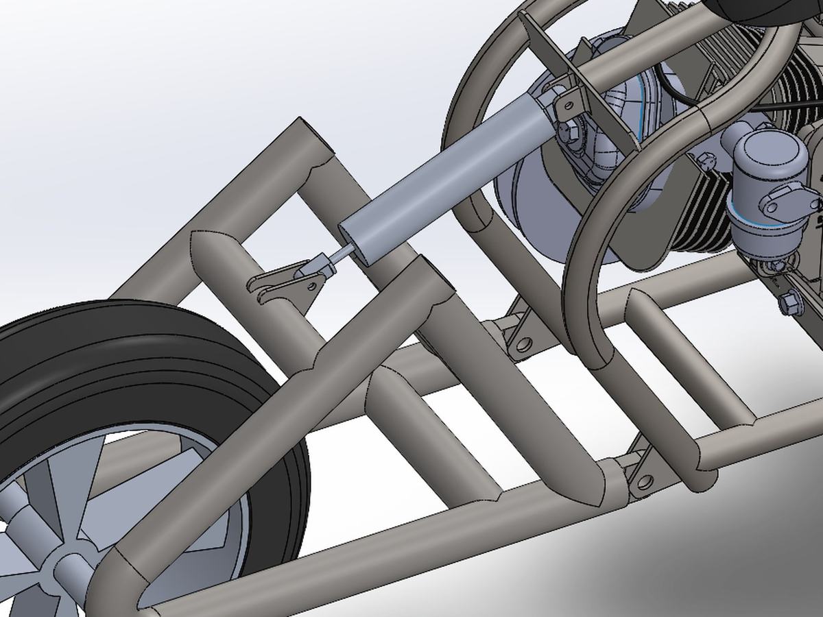 CAD detail of the rear suspension showing the coilover mounted to the swingarm