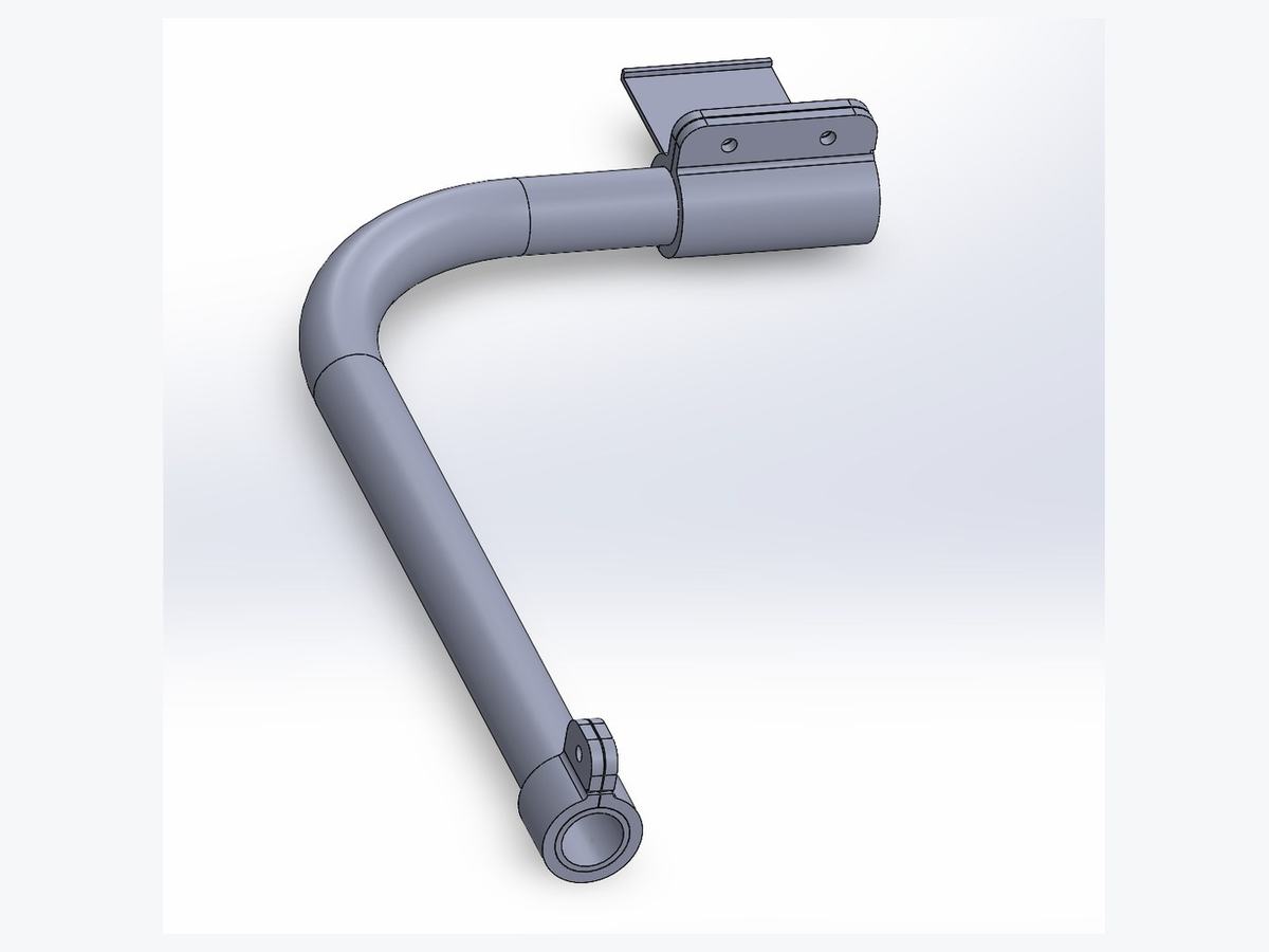 CAD assembly showing both locators clamped to a bent tube