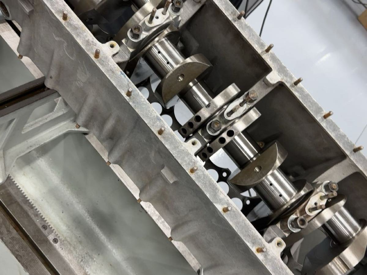 All-aluminum V16 engine block with the crankshaft exposed