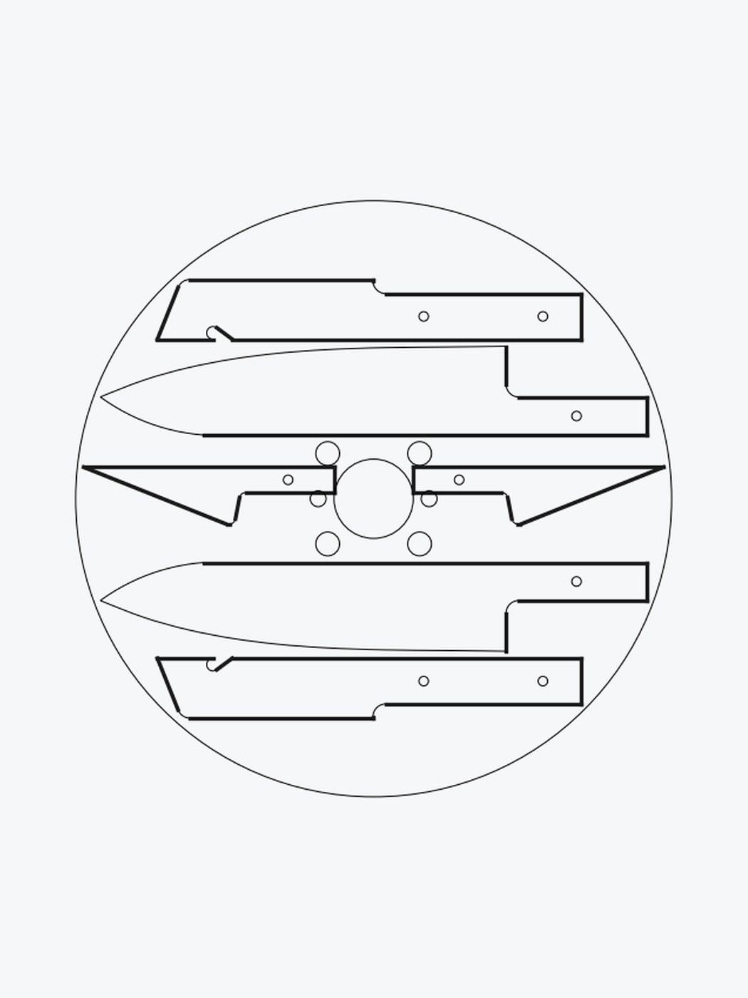 Waterjet nesting drawing showing five knife profiles laid out inside a circular saw blade
