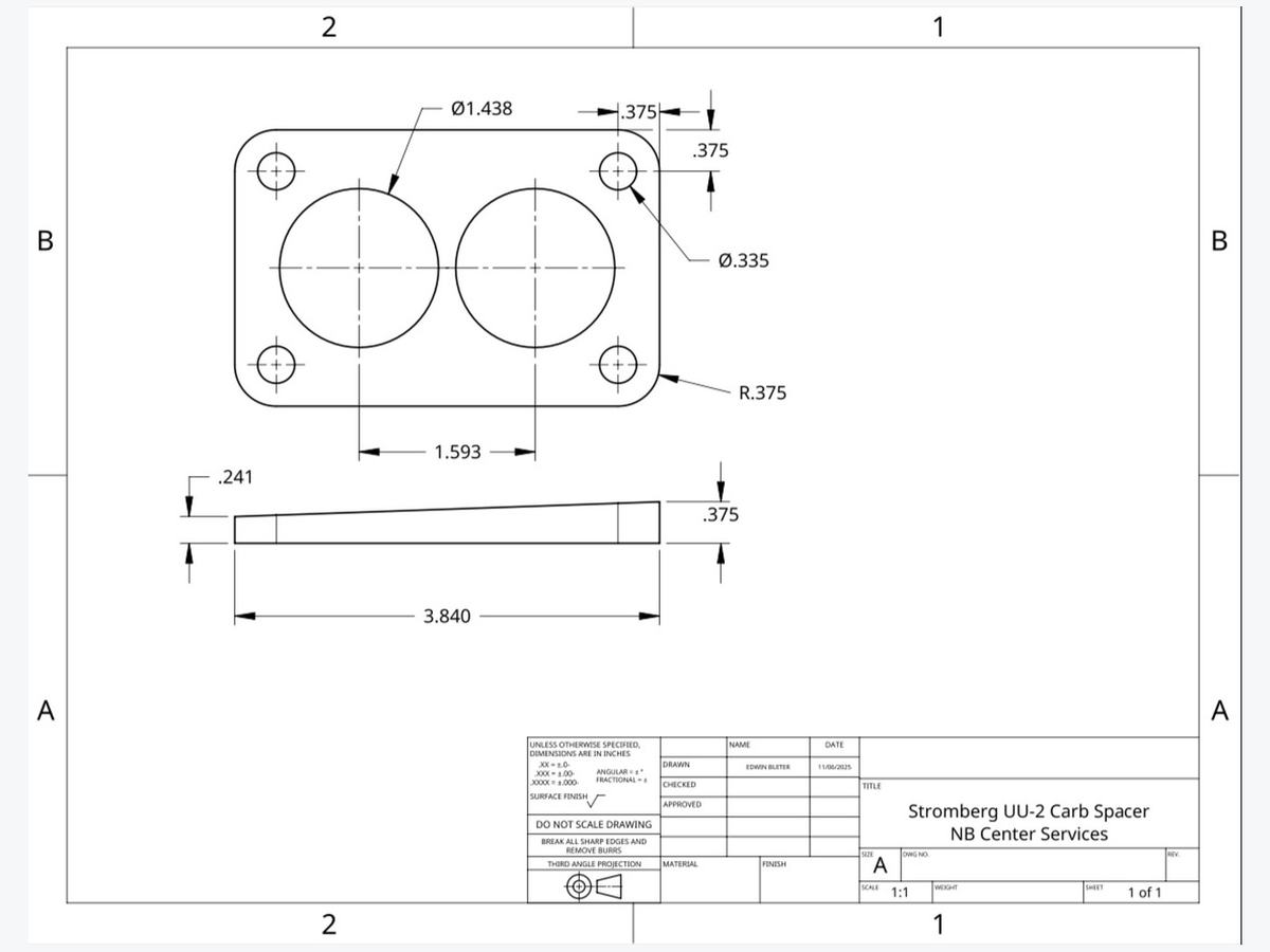 Engineering drawing of the Stromberg UU-2 carburetor spacer with dimensions and title block